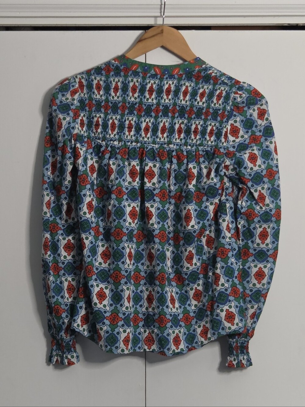 Boden Helena Cotton Multicolor Floral-Print Smocked Button-Front Blouse - Picture 3 of 7